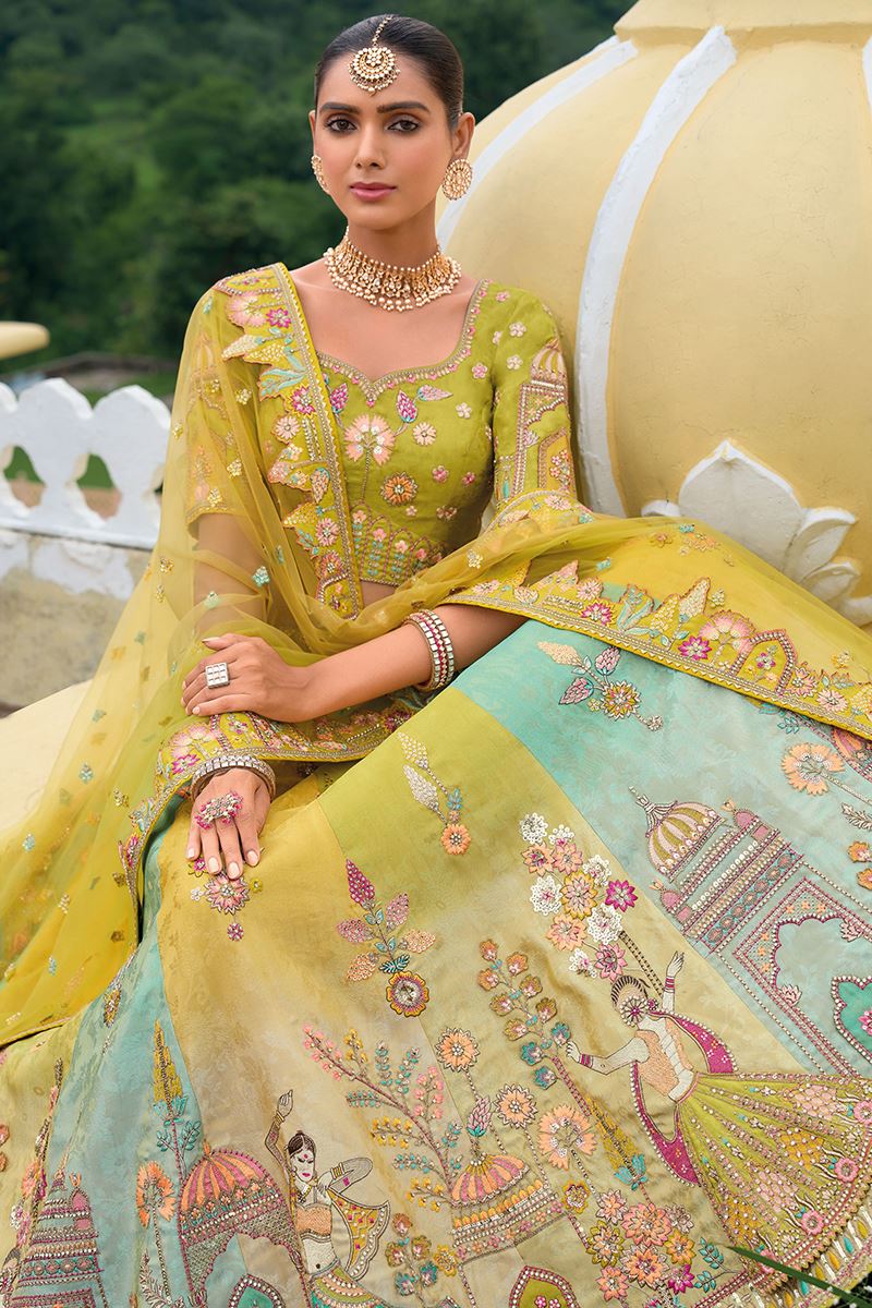 Multi-Color Silk Bridal Lehenga Choli with Khatli Hand Embroidery