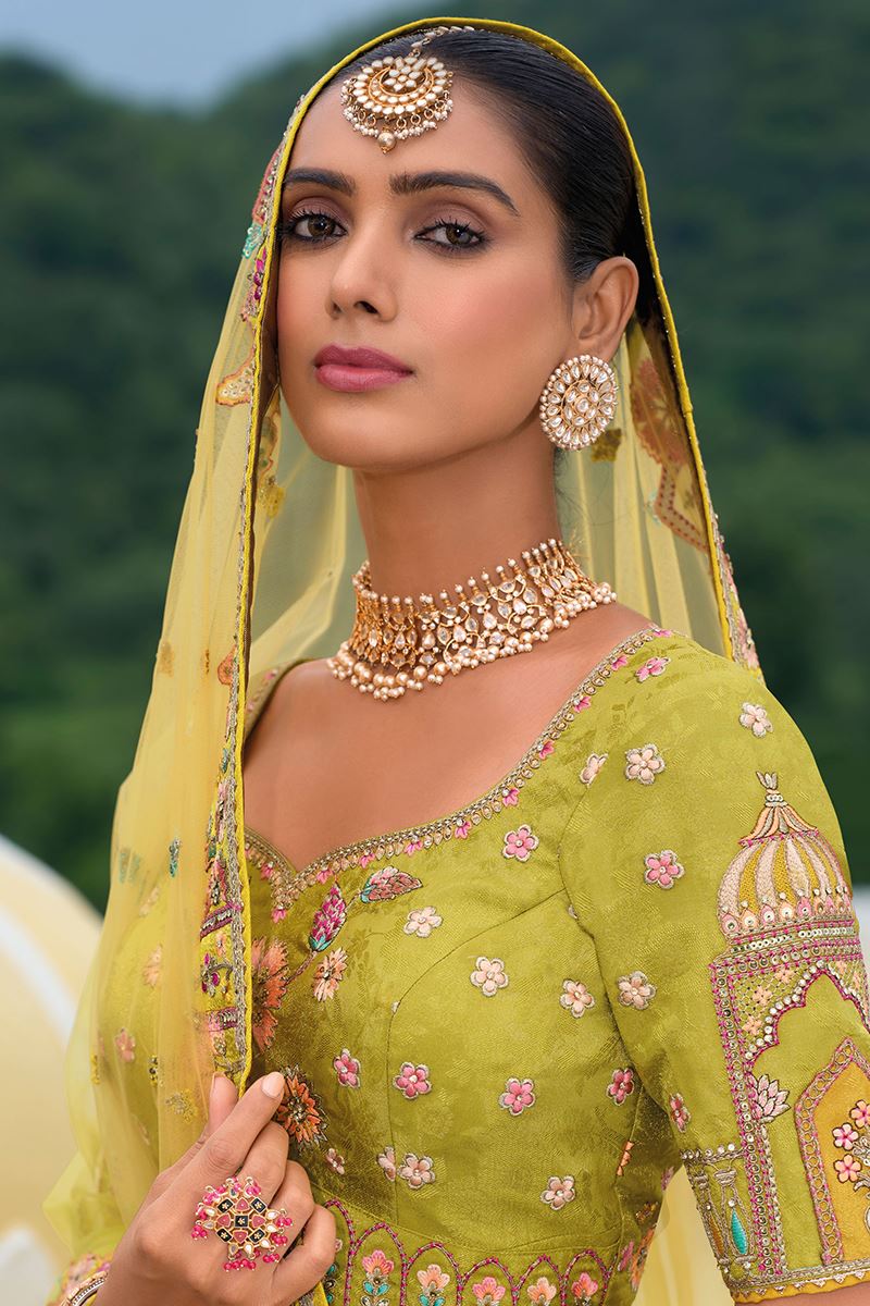 Multi-Color Silk Bridal Lehenga Choli with Khatli Hand Embroidery