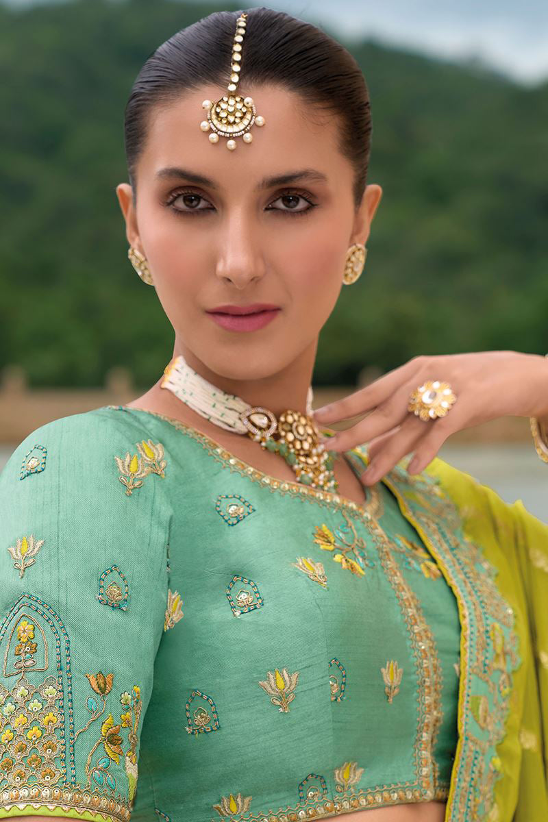 Sea Green Silk Bridal Lehenga Choli with Khatli Work