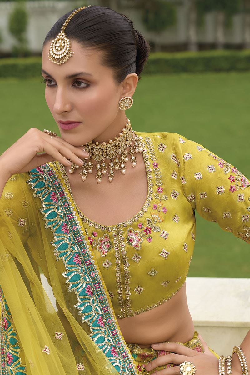 Parrot Green Silk Readymade Bridal Lehenga Choli with Khatli Work