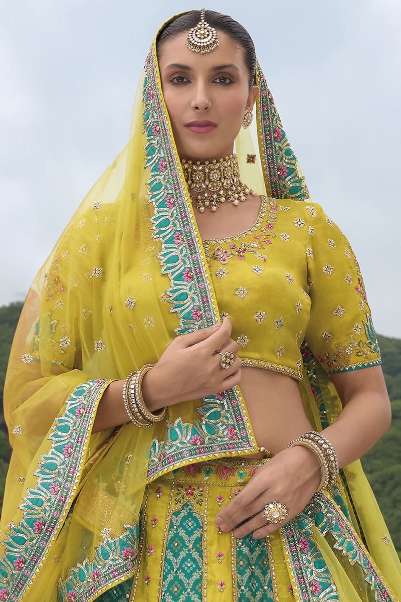Parrot Green Silk Readymade Bridal Lehenga Choli with Khatli Work