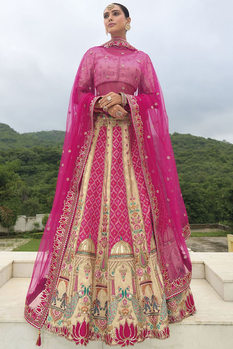 Rani Pink and Cream Khatli Work Bridal Lehenga Choli Set