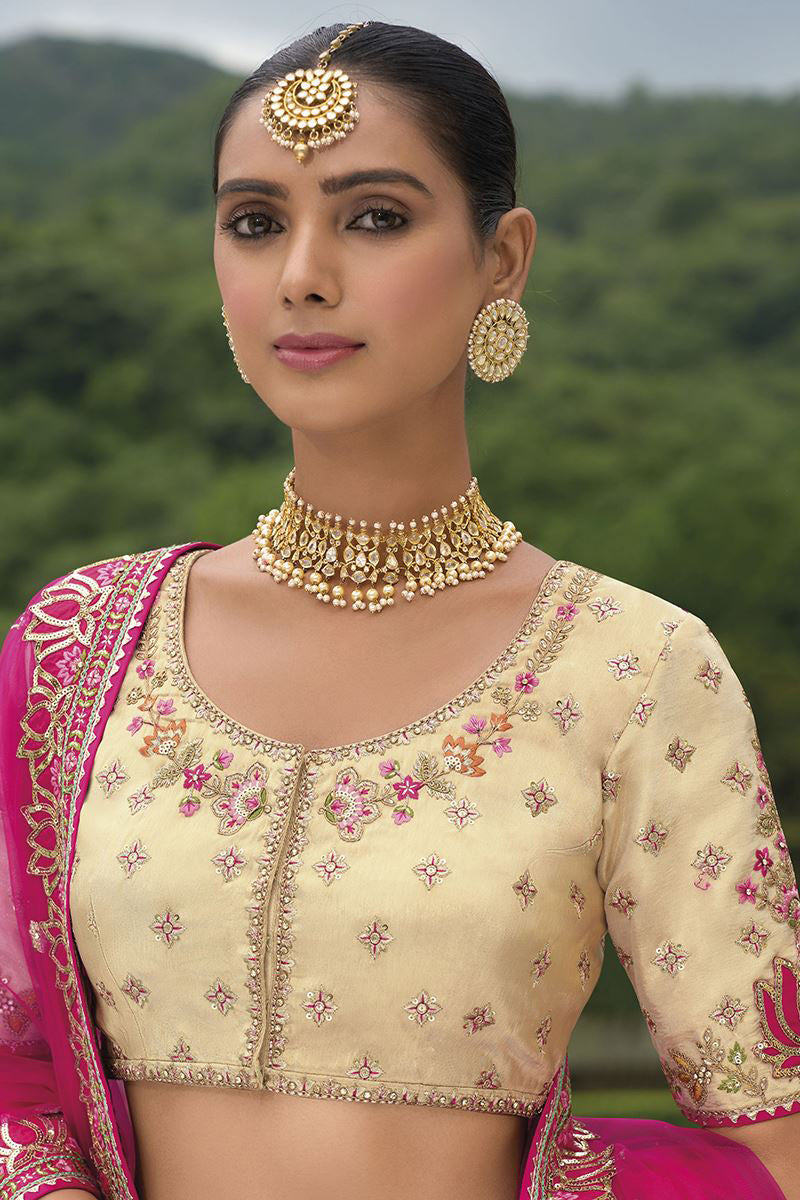 Rani Pink and Cream Khatli Work Bridal Lehenga Choli Set