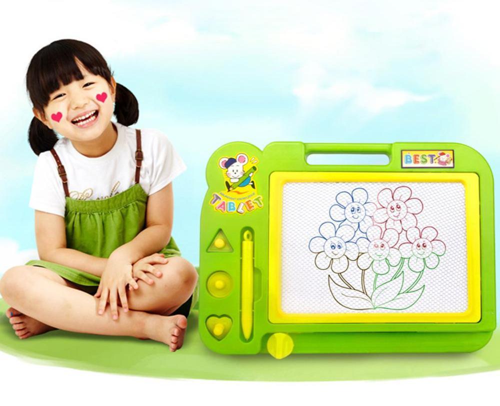 Colorful magnetic drawing tablet for children in a modern, organized bedroom setting