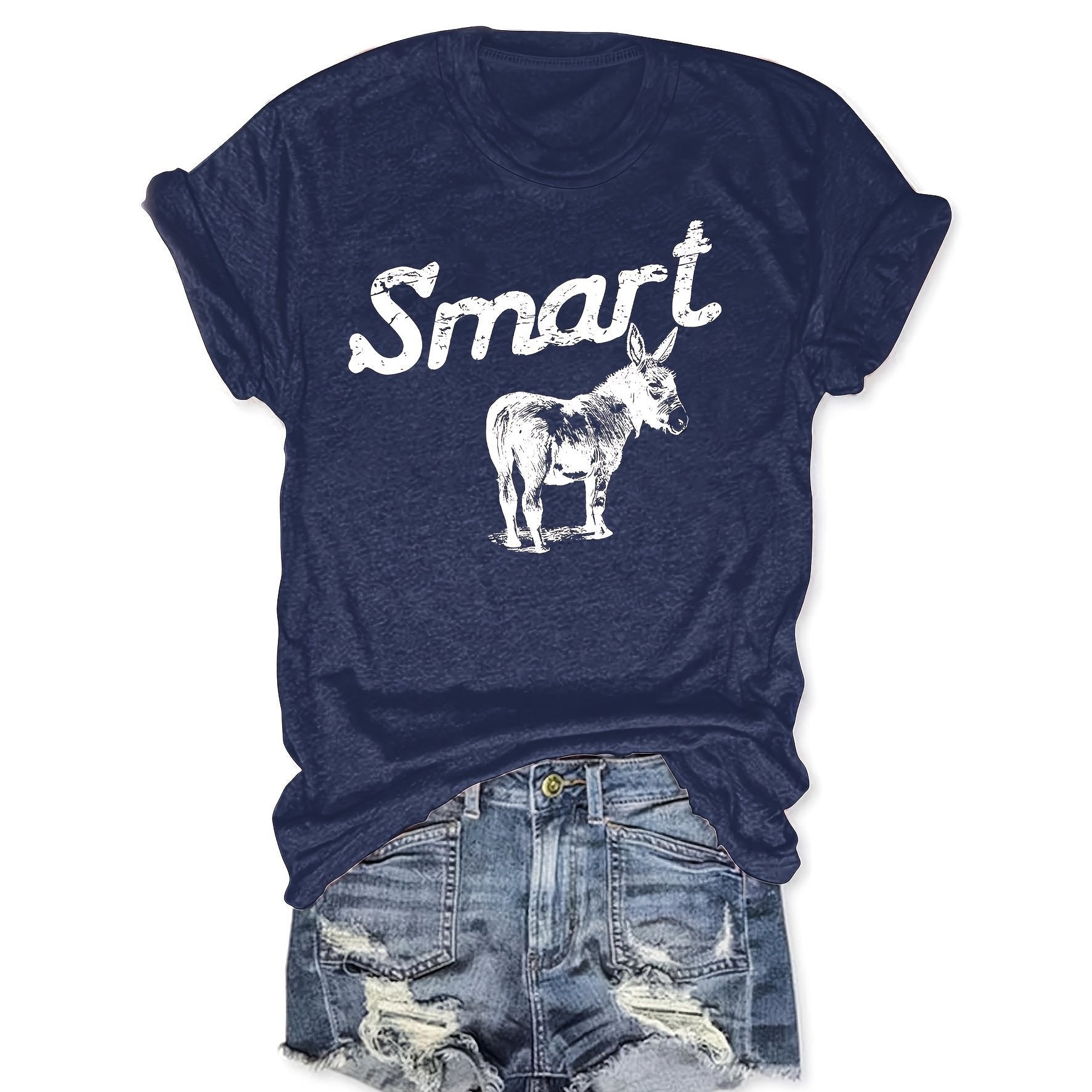 Women's Round Neck Short Sleeve T-Shirt Grey Donkey Graphic Tee