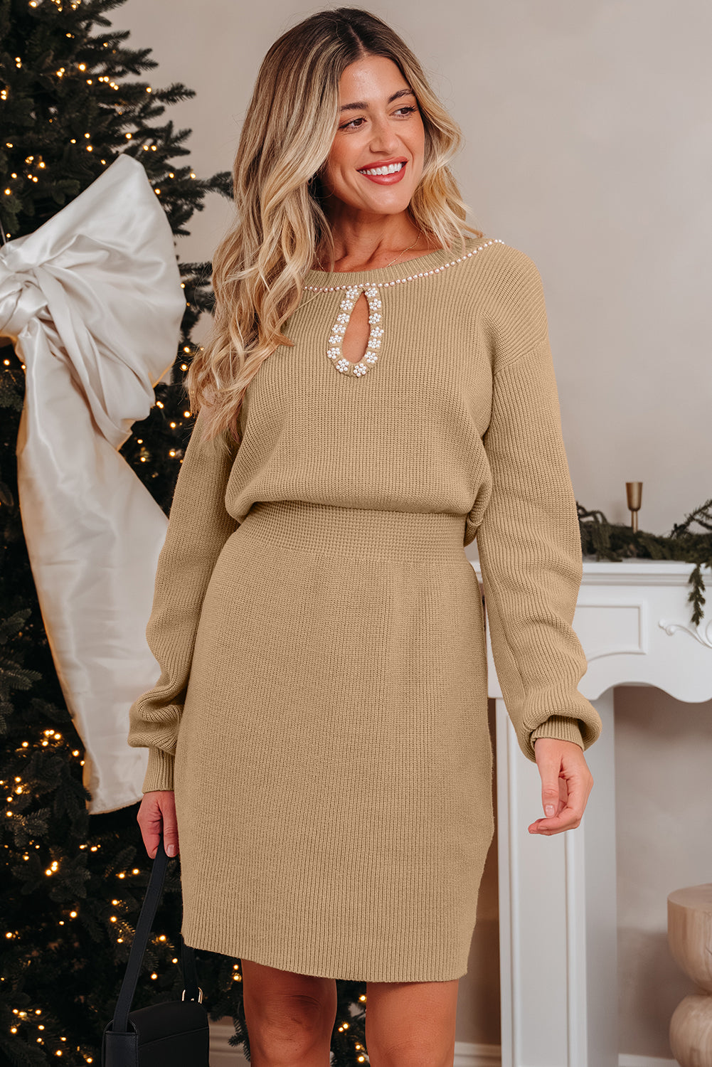 Smoke Gray Pearl Embellished Keyhole Ribbed Knit Dress