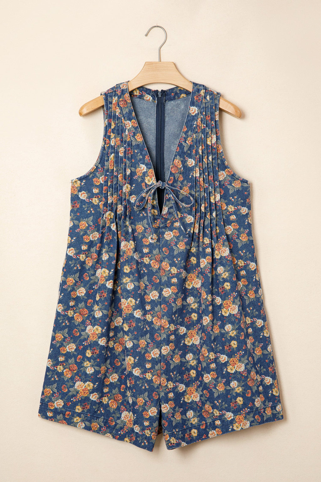 Blue Retro Floral Print V-Neck Sleeveless Denim Romper with Bow