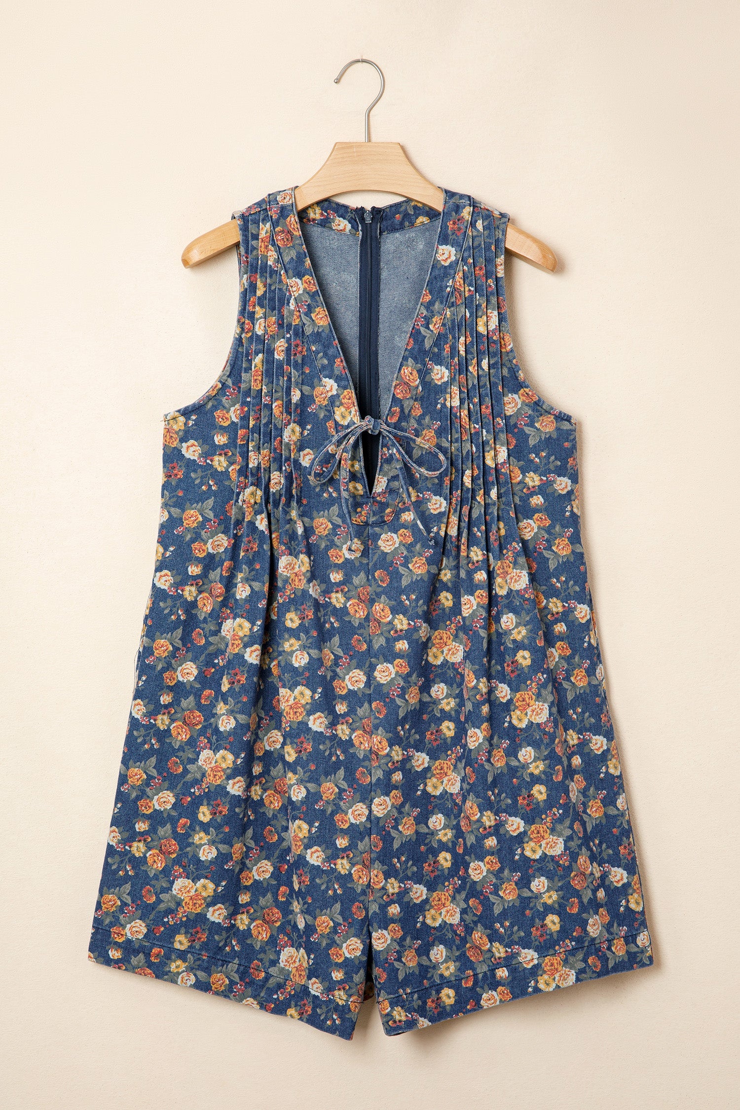 Blue Retro Floral Print V-Neck Sleeveless Denim Romper with Bow