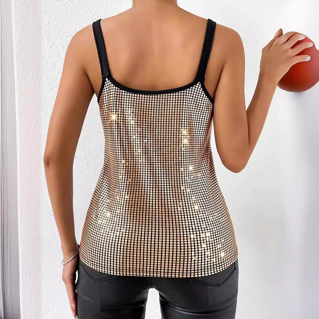 Women's Gold Sequined Chain Strap V-Neck Camisole Tank Top - Image 4
