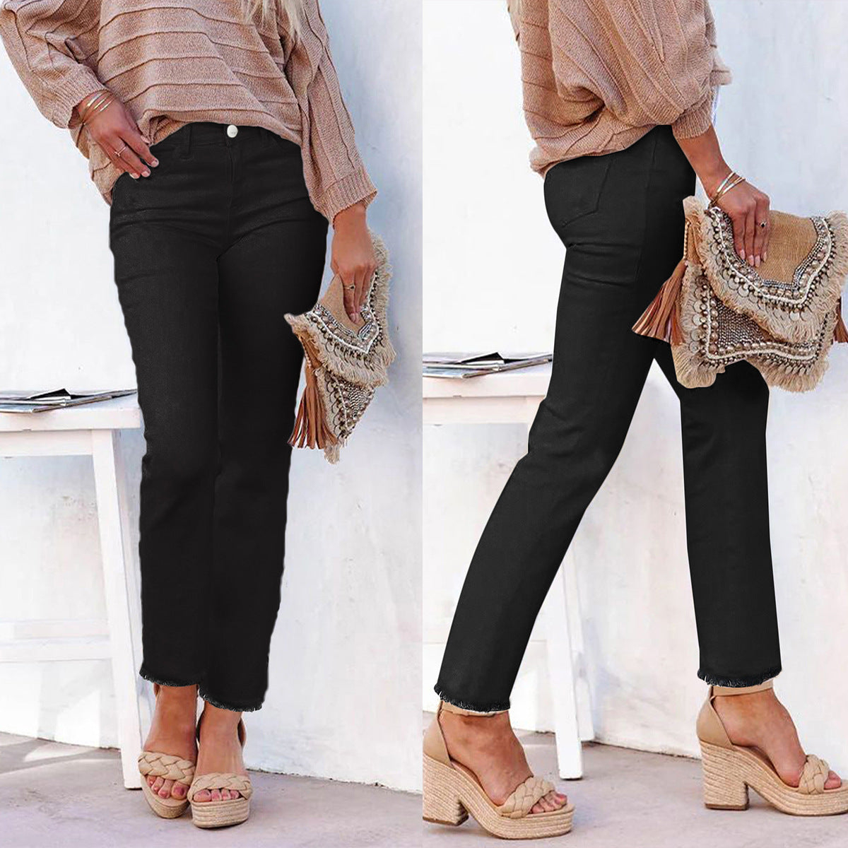 Women's High-Waist Straight Leg Ankle Jeans with Raw Hem