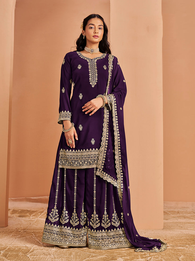 Elegant purple faux georgette salwar suit with detailed embroidery