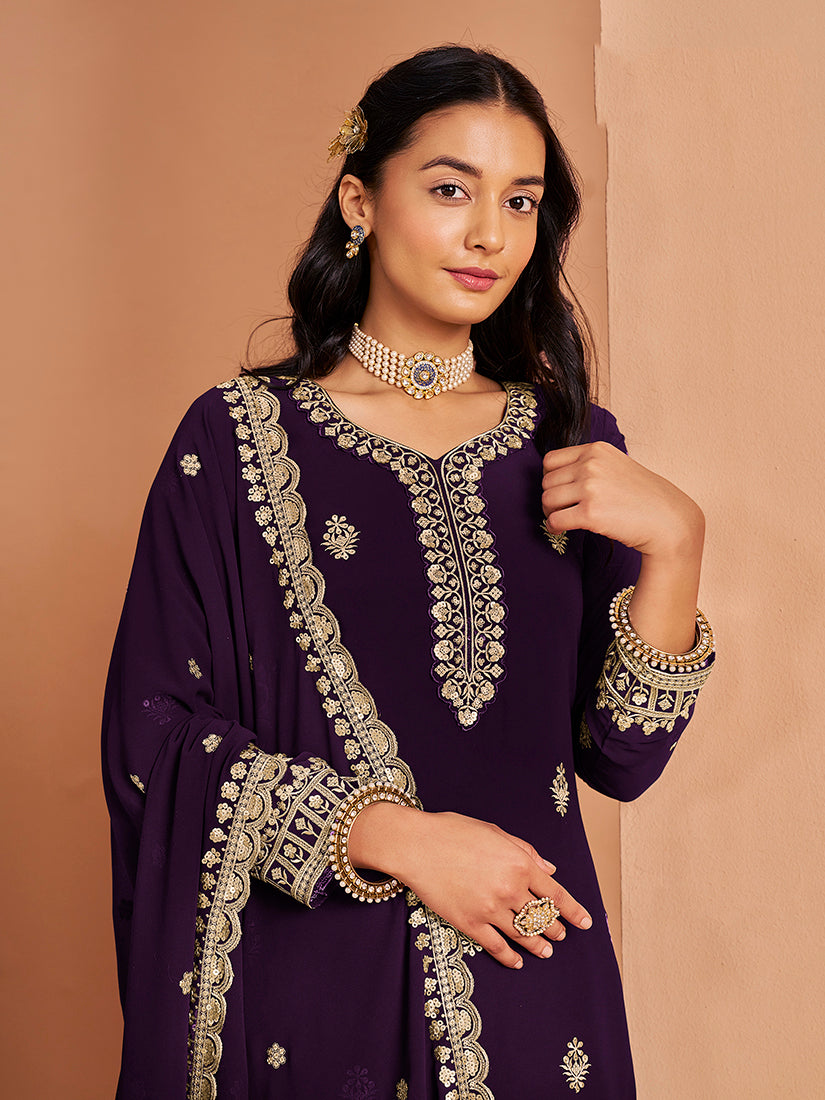 Purple Faux Georgette Embroidered Designer Salwar Suit