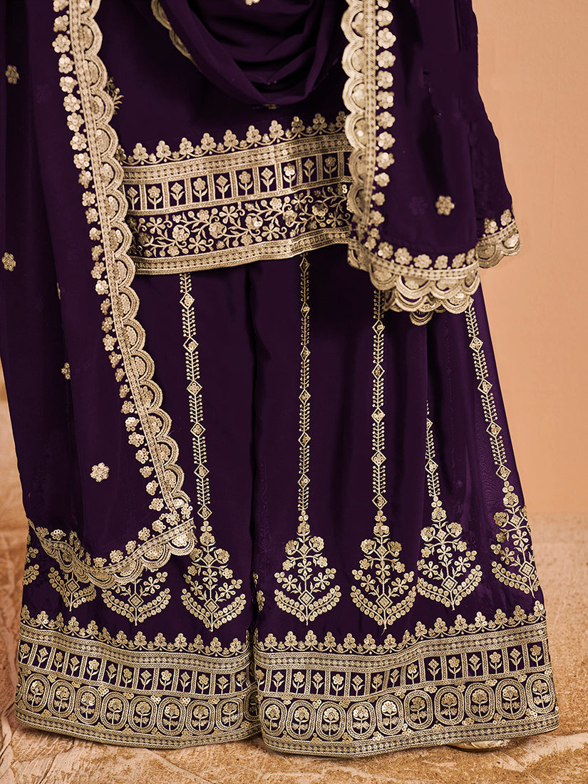 Purple Faux Georgette Embroidered Designer Salwar Suit