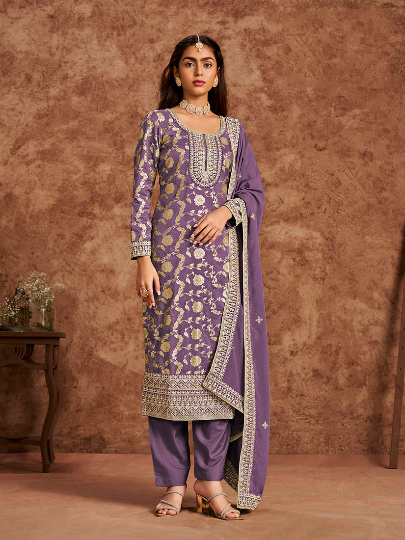 Lavender embroidered Dola silk salwar kameez with trendy details