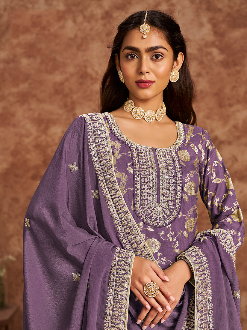 Lavender Embroidered Dola Silk Salwar Suit for Special Occasions