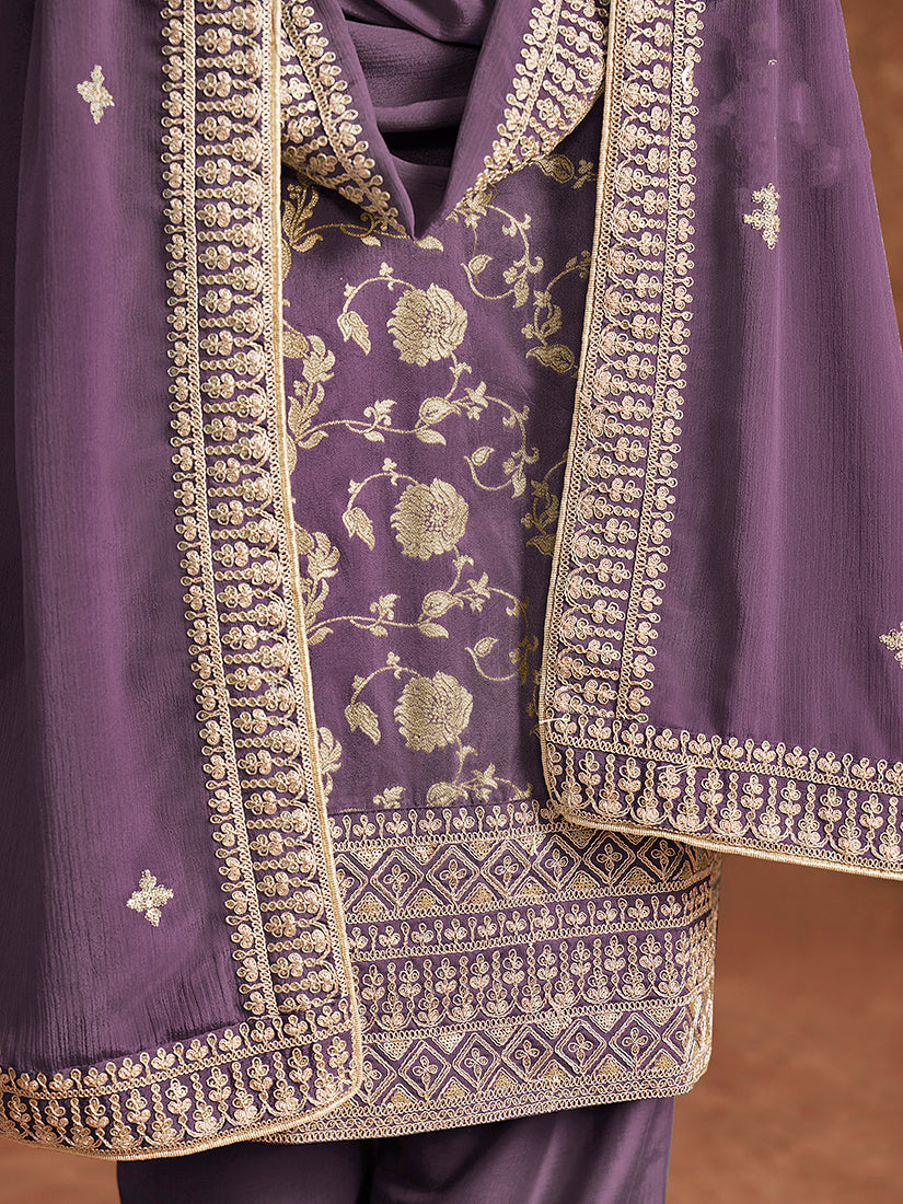 Lavender Embroidered Dola Silk Salwar Suit for Special Occasions