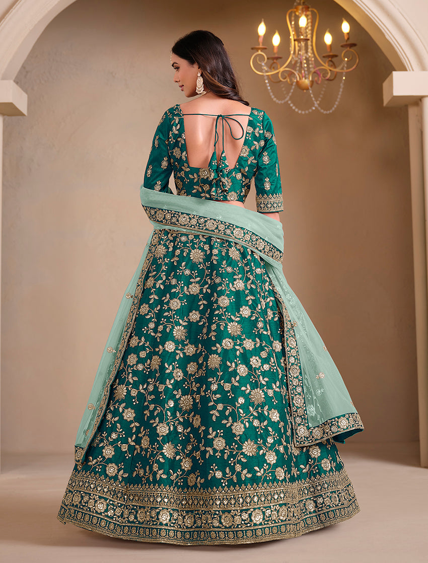 Teal Embroidered Art Silk Designer Lehenga Choli