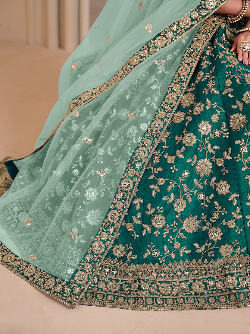 Teal Embroidered Art Silk Designer Lehenga Choli