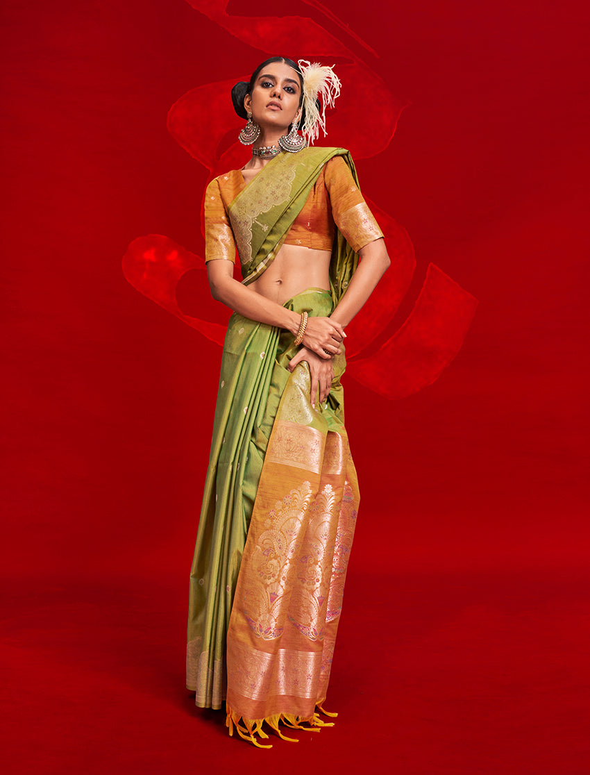 Monjolika Fashion Green Color Weaving Silk Traditional Saree For Classic Look