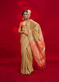 Beige silk saree with traditional weaving details for a classic aesthetic