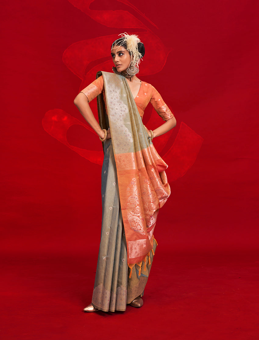Gray Silk Traditional Saree with Weaving for a Classic Look