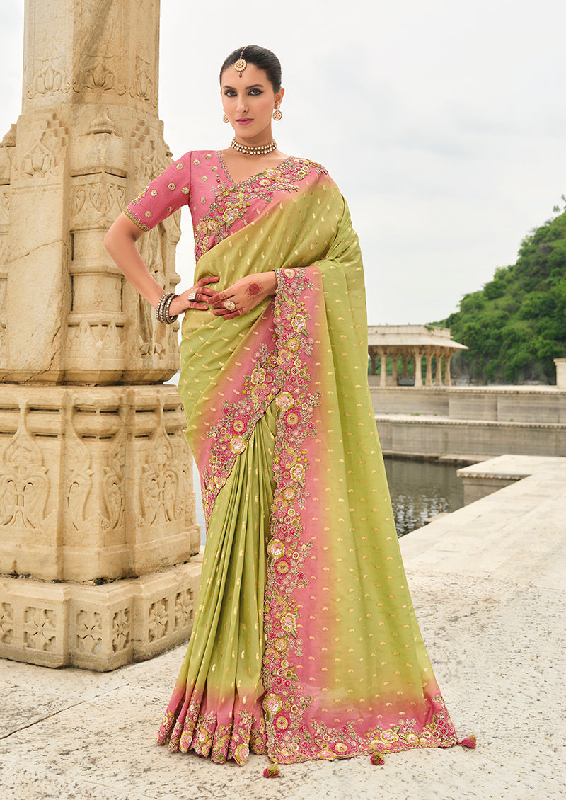 Light olive green viscose tissue silk saree with embroidered border