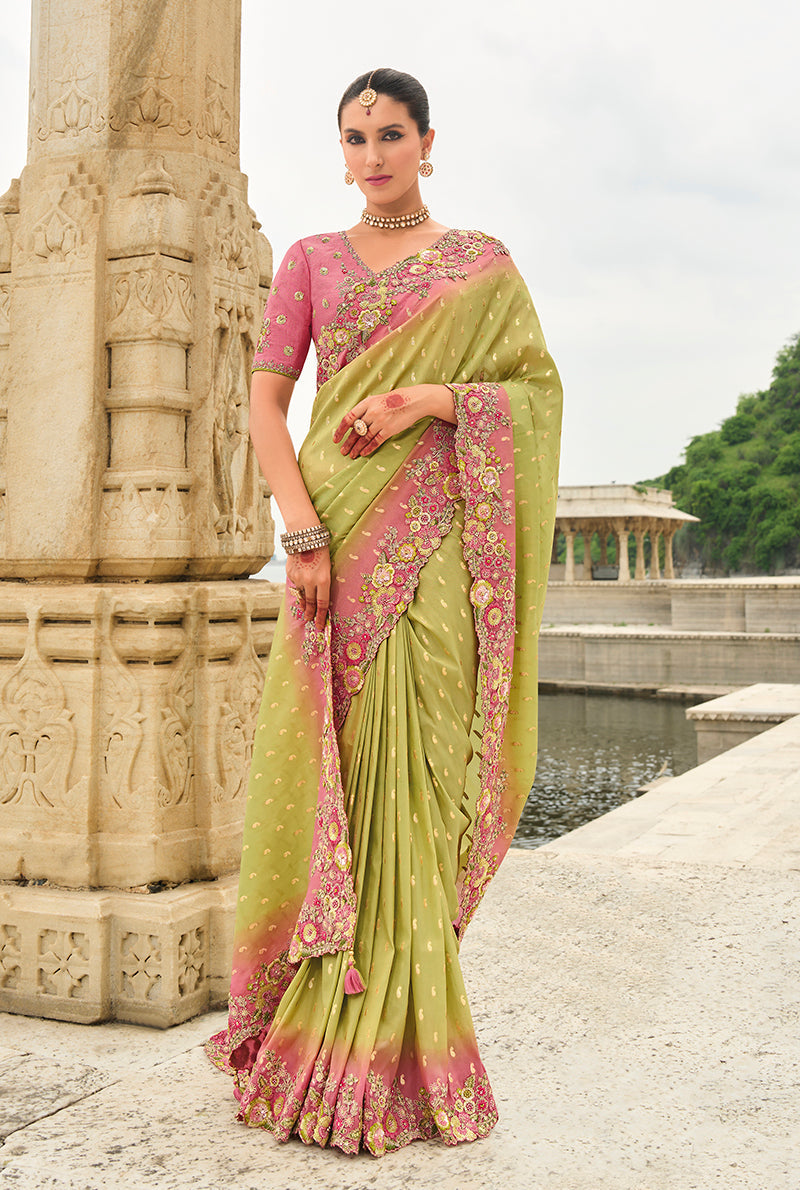 Light Olive Green Viscose Tissue Silk Saree with Embroidery