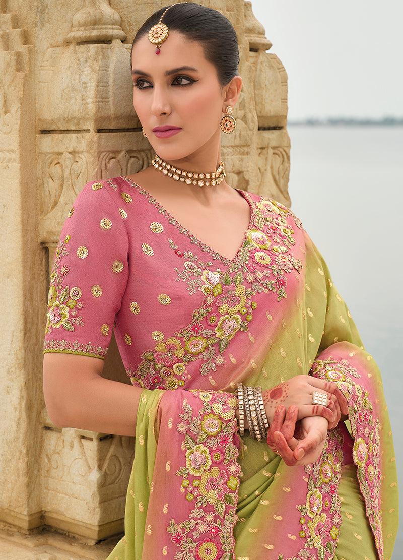 Light Olive Green Viscose Tissue Silk Saree with Embroidery