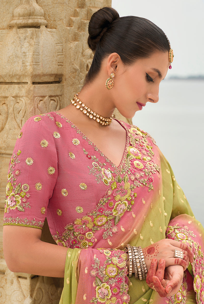 Light Olive Green Viscose Tissue Silk Saree with Embroidery