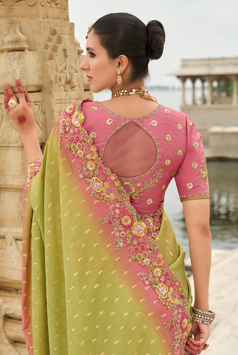 Light Olive Green Viscose Tissue Silk Saree with Embroidery