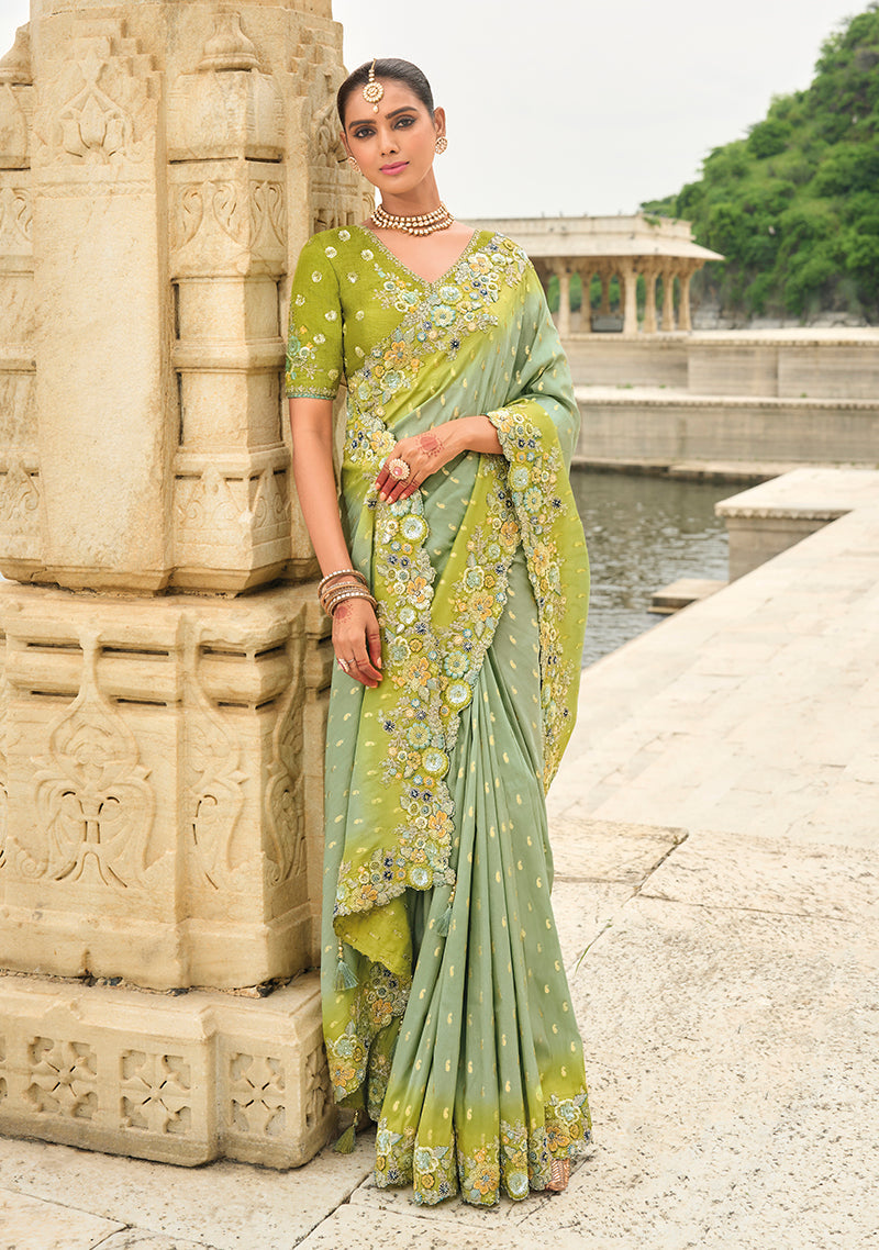 Pistachio Viscose Tissue Silk Saree with Embroidery Cutwork Border
