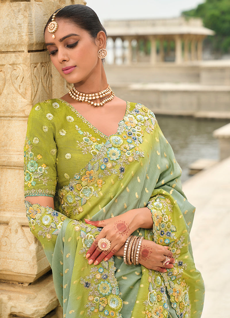 Pistachio Viscose Tissue Silk Saree with Embroidery Cutwork Border