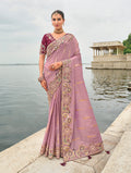 Mauve Viscose Tissue Silk saree with intricate embroidery and cutwork border