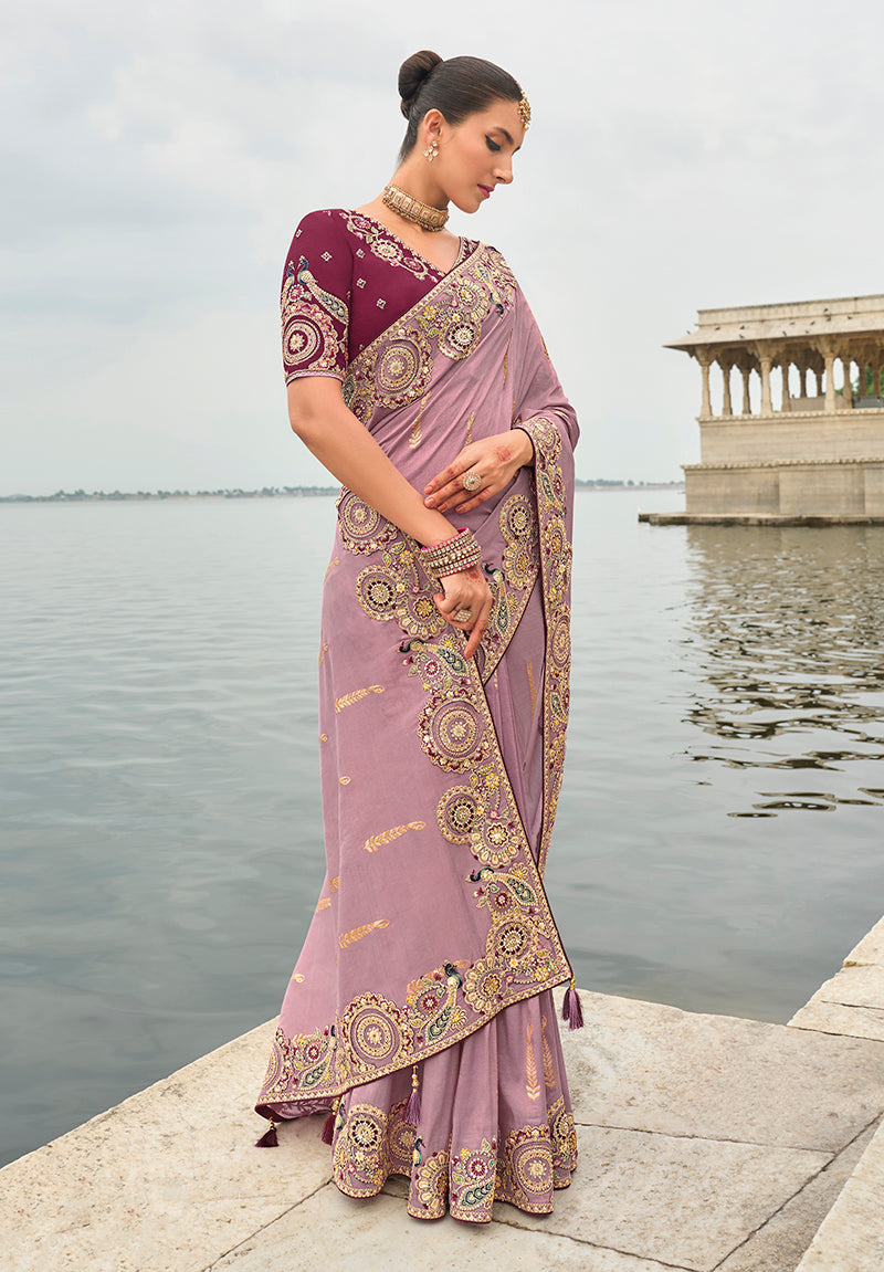Mauve Viscose Tissue Silk Saree with Embroidery & Cutwork Border