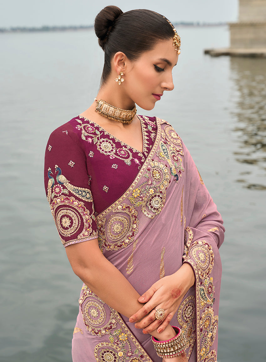 Mauve Viscose Tissue Silk Saree with Embroidery & Cutwork Border