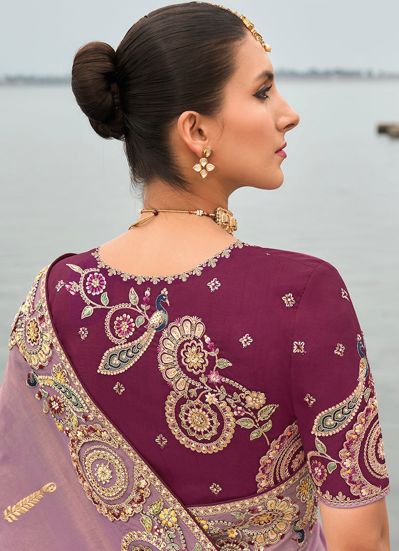 Mauve Viscose Tissue Silk Saree with Embroidery & Cutwork Border