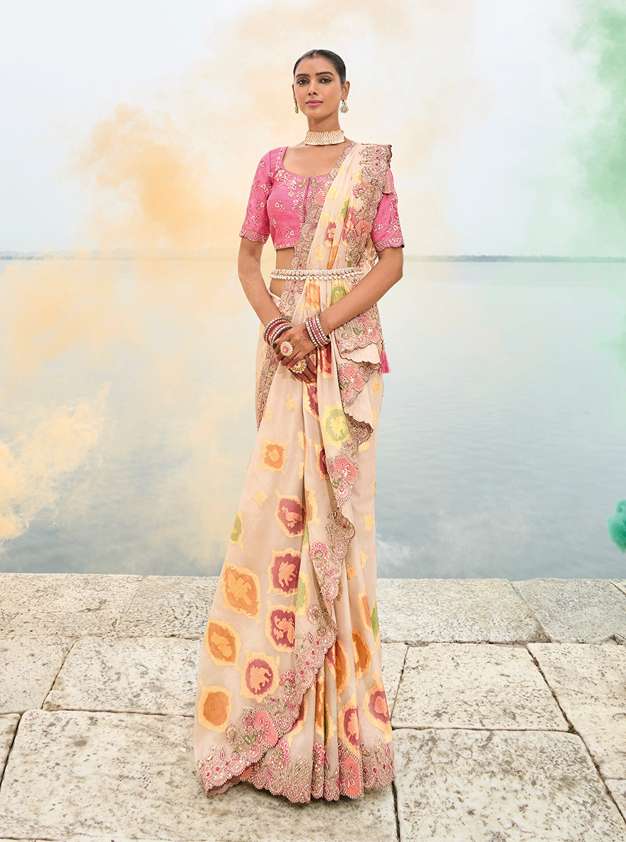 Beige Viscose Tissue Silk Saree with Cutwork Border