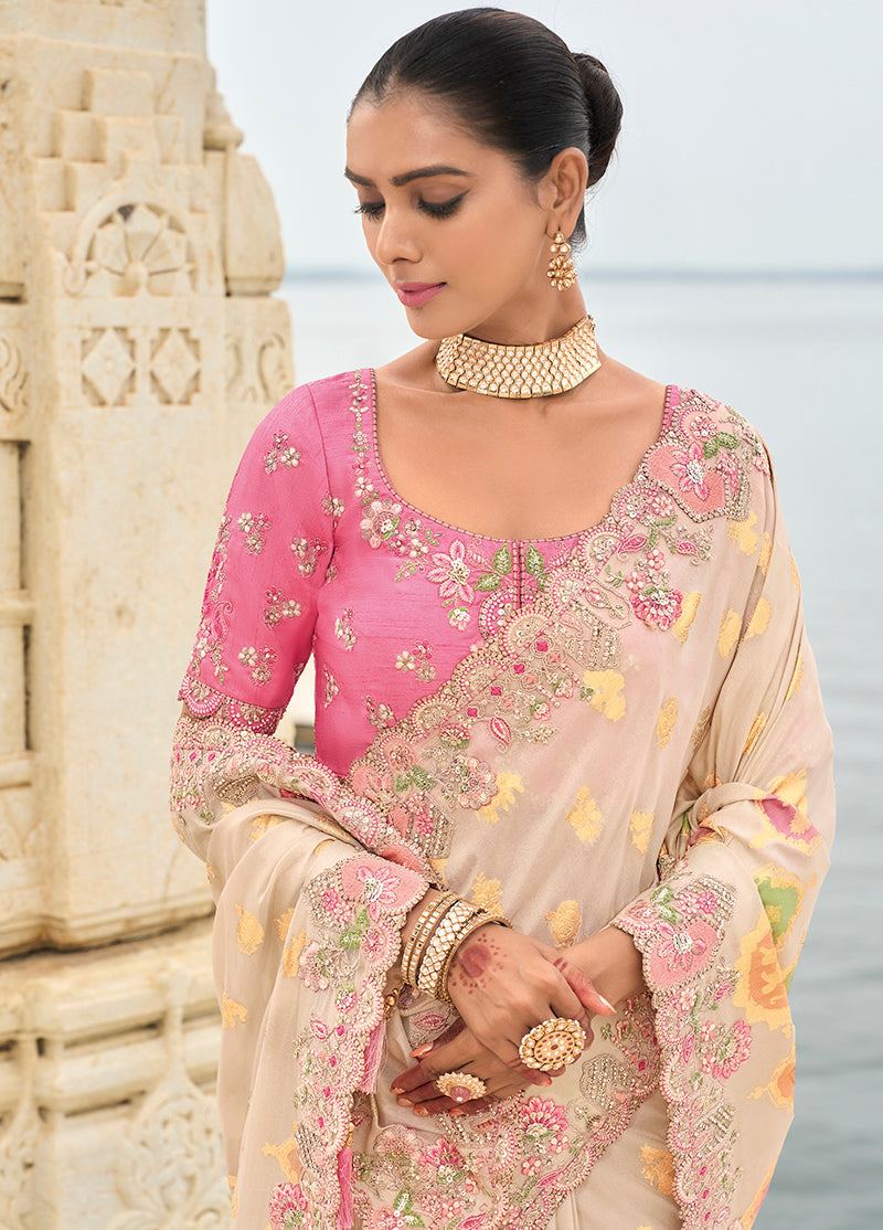 Beige Viscose Tissue Silk Saree with Cutwork Border