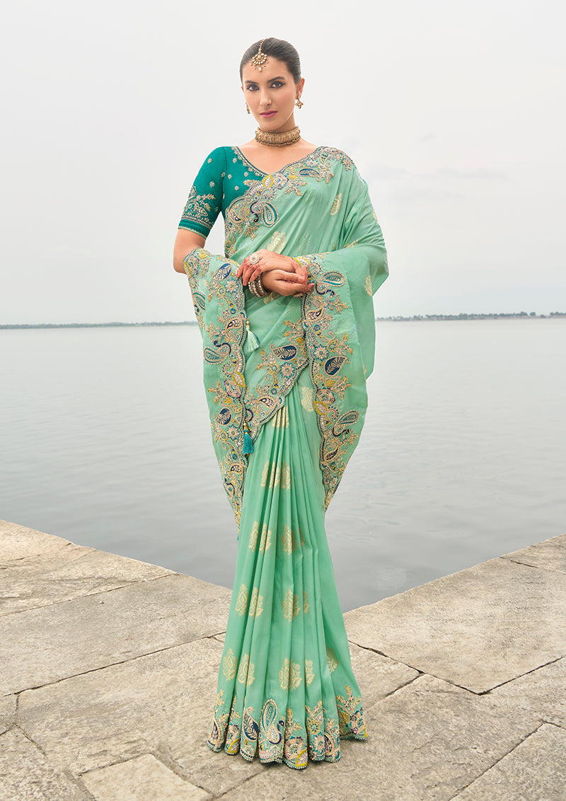 Turquoise Viscose Tissue Silk Saree with Cutwork Border