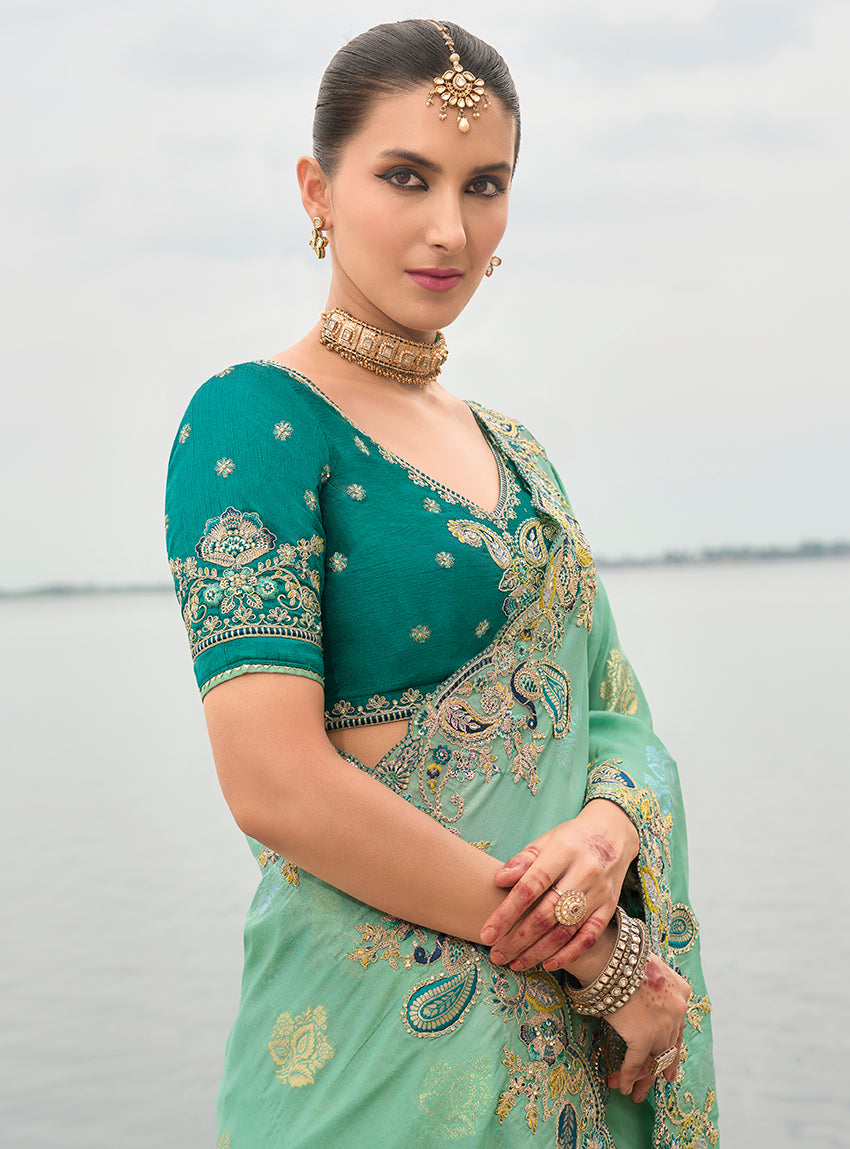 Turquoise Viscose Tissue Silk Saree with Cutwork Border