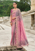Pink and Mauve shaded viscose tissue silk saree with embroidery and cutwork