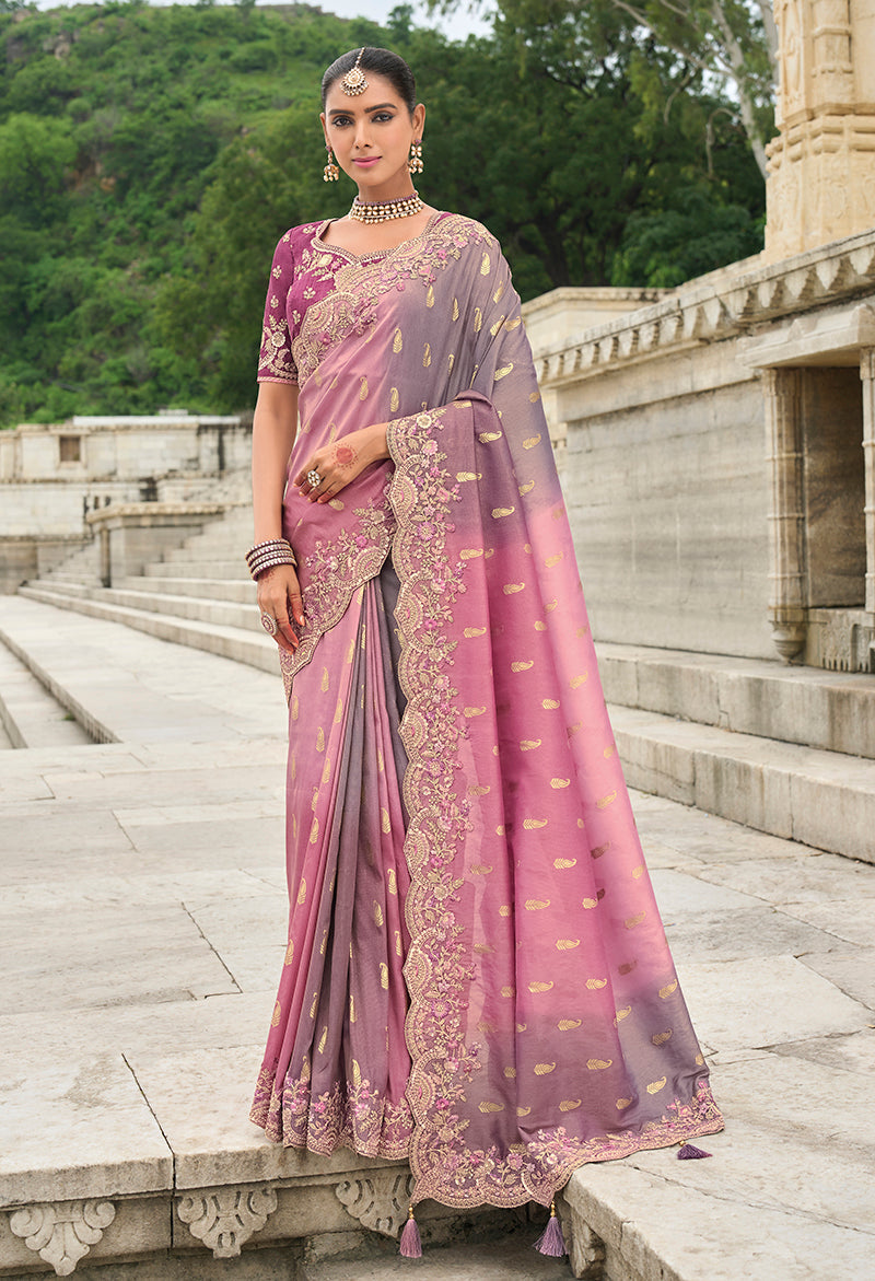 Pink and Mauve shaded viscose tissue silk saree with embroidery and cutwork
