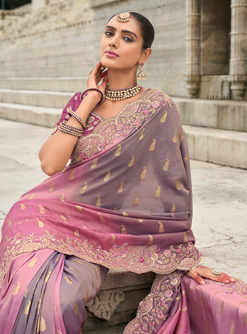 Pink & Mauve Shaded Viscose Tissue Silk Saree with Cutwork