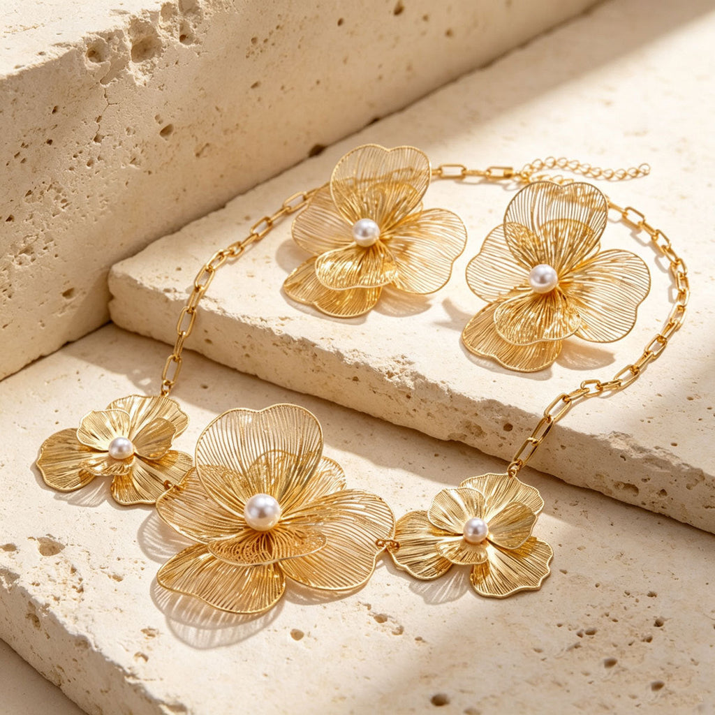 Women Wire Mesh Floral Faux Pearl 2Pcs Jewelry Set, Paperclip Chain Necklace Large Flower Stud Earrings PVD Gold Plated For Wedding Party Gift