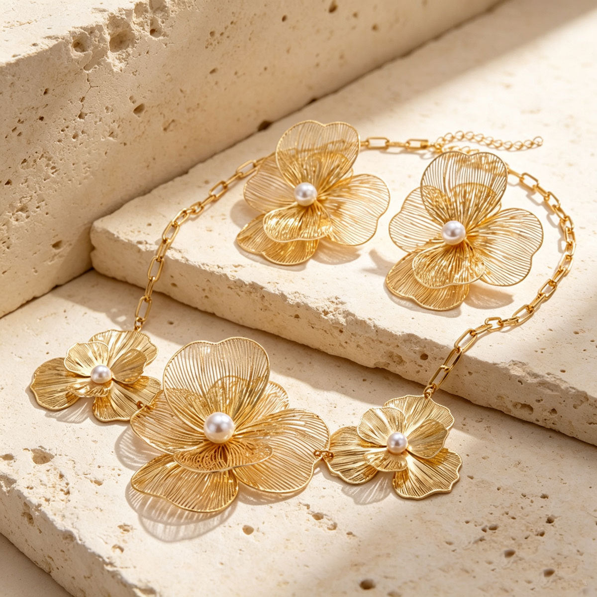 Women Wire Mesh Floral Faux Pearl 2Pcs Jewelry Set, Paperclip Chain Necklace Large Flower Stud Earrings PVD Gold Plated For Wedding Party Gift