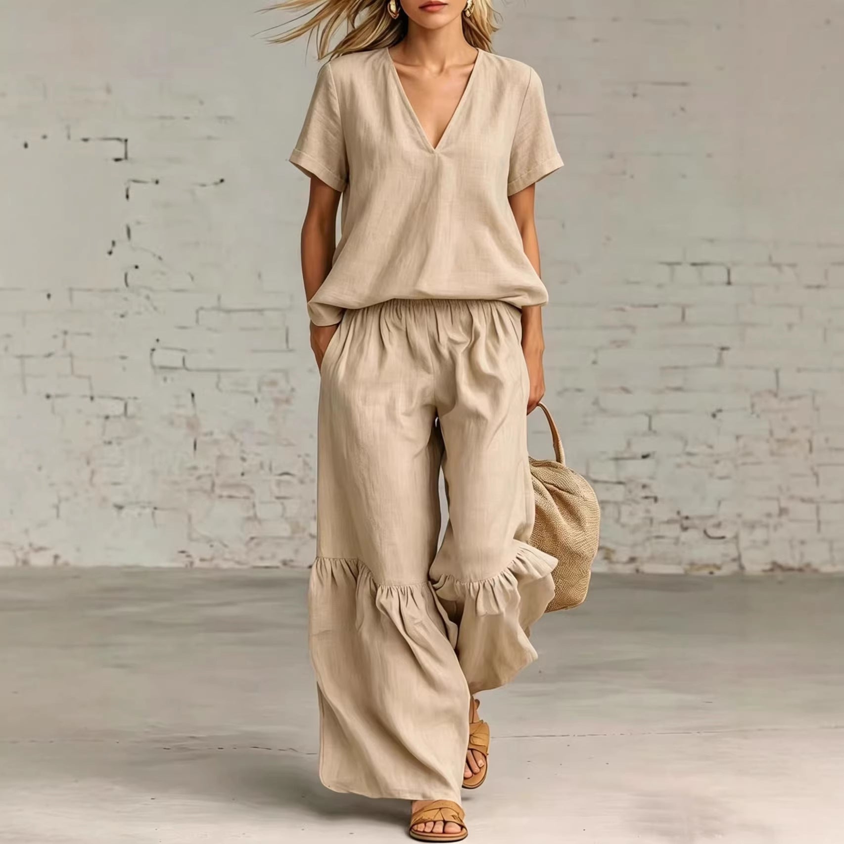 V-Neck Short Sleeve Top and Ruffled Hem Pants Set - Image 5