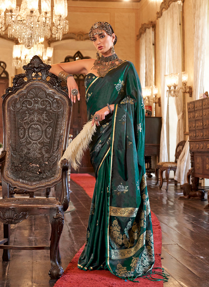 Dark Emerald Green satin silk saree with subtle sheen and woven detail