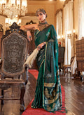 Dark Emerald Green satin silk saree with subtle sheen and woven detail
