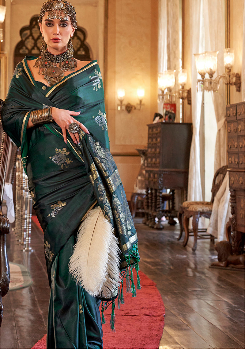 Dark Emerald Green Satin Silk Saree with Intricate Weaving