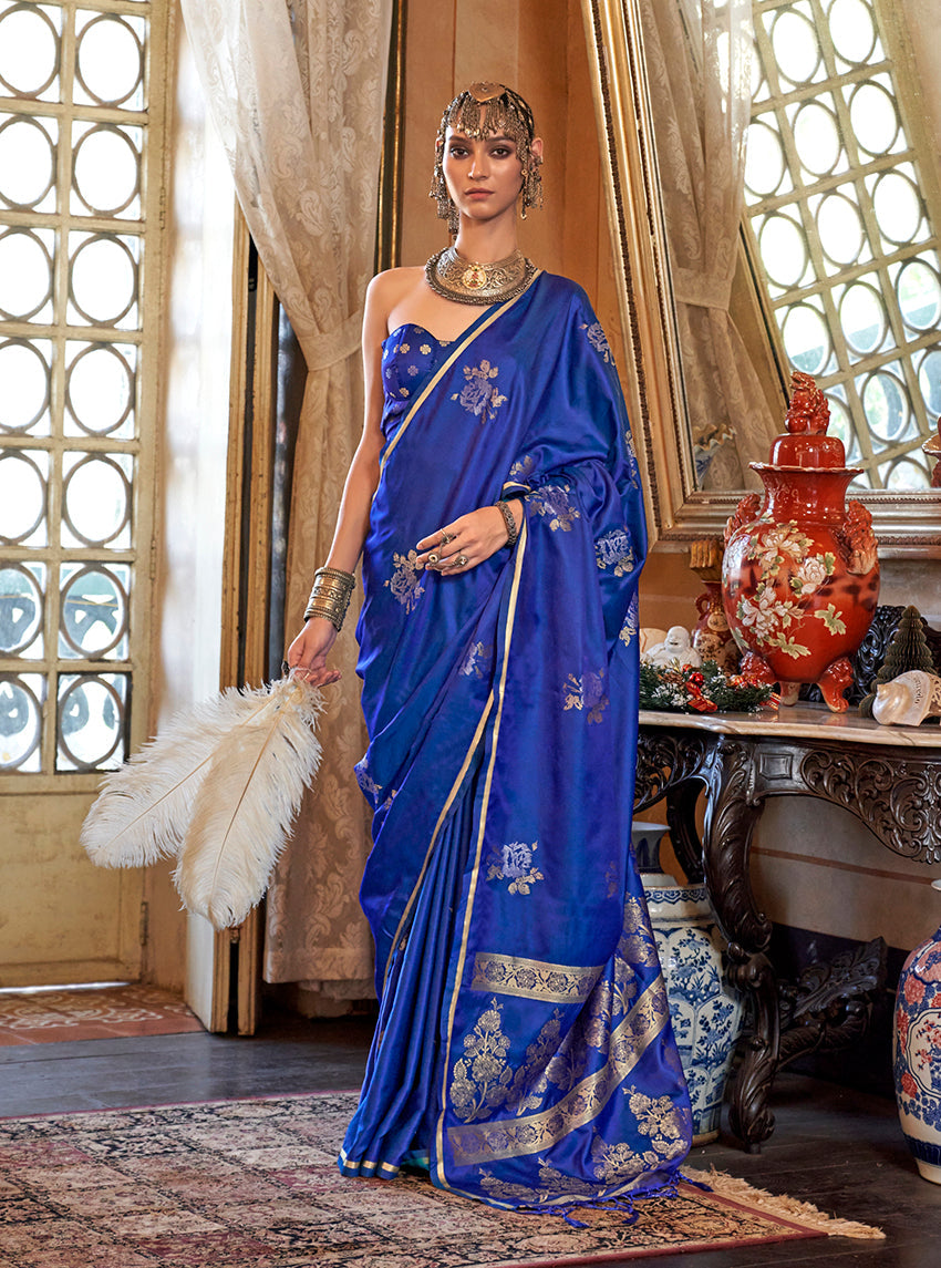 Royal Blue satin silk saree with elegant intricate weave design